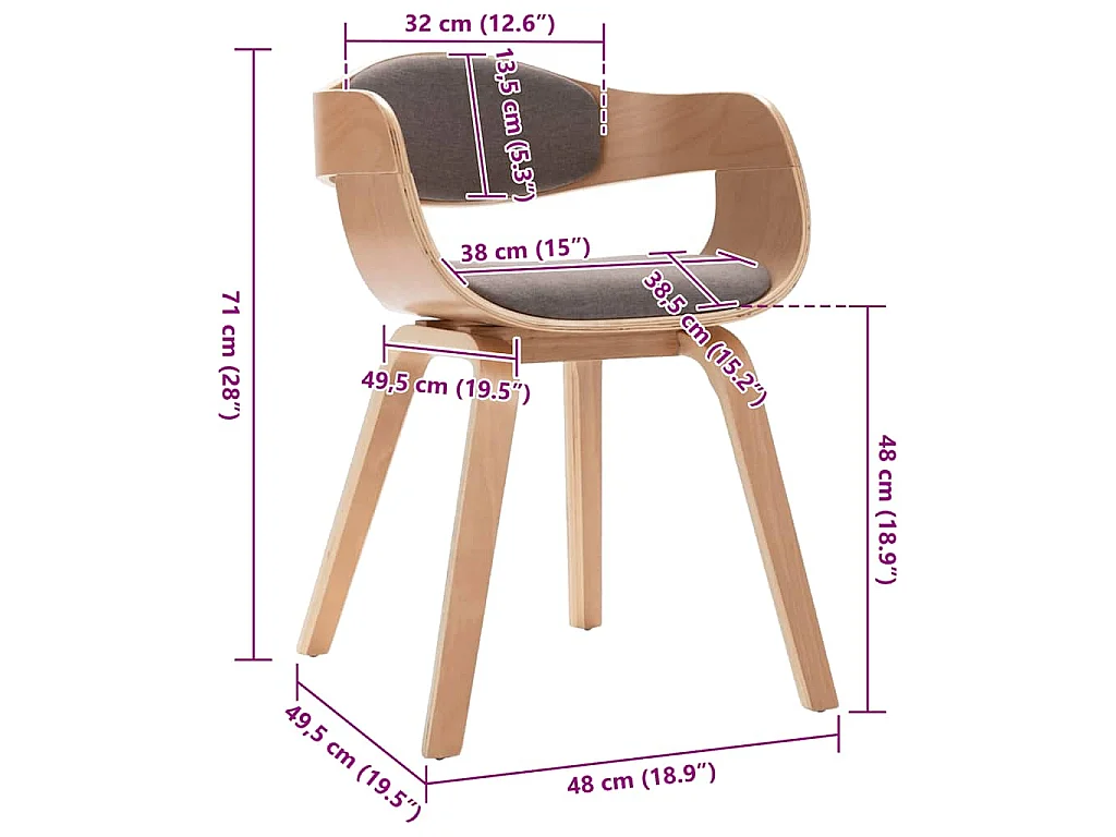 Chaises à manger lot de 2 bois courbé et tissu taupe