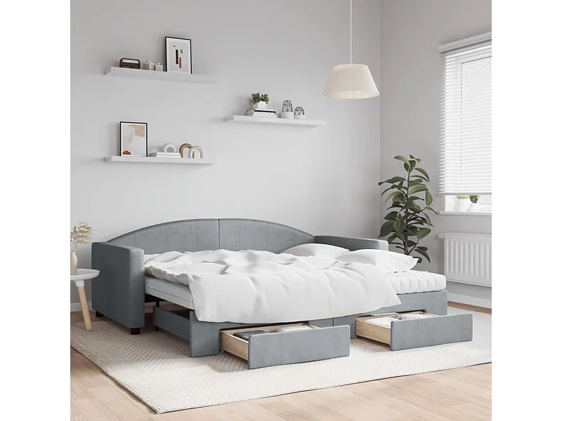 Divano Letto Estraibile Cassetti Grigio Chiaro 90x190cm Tessuto