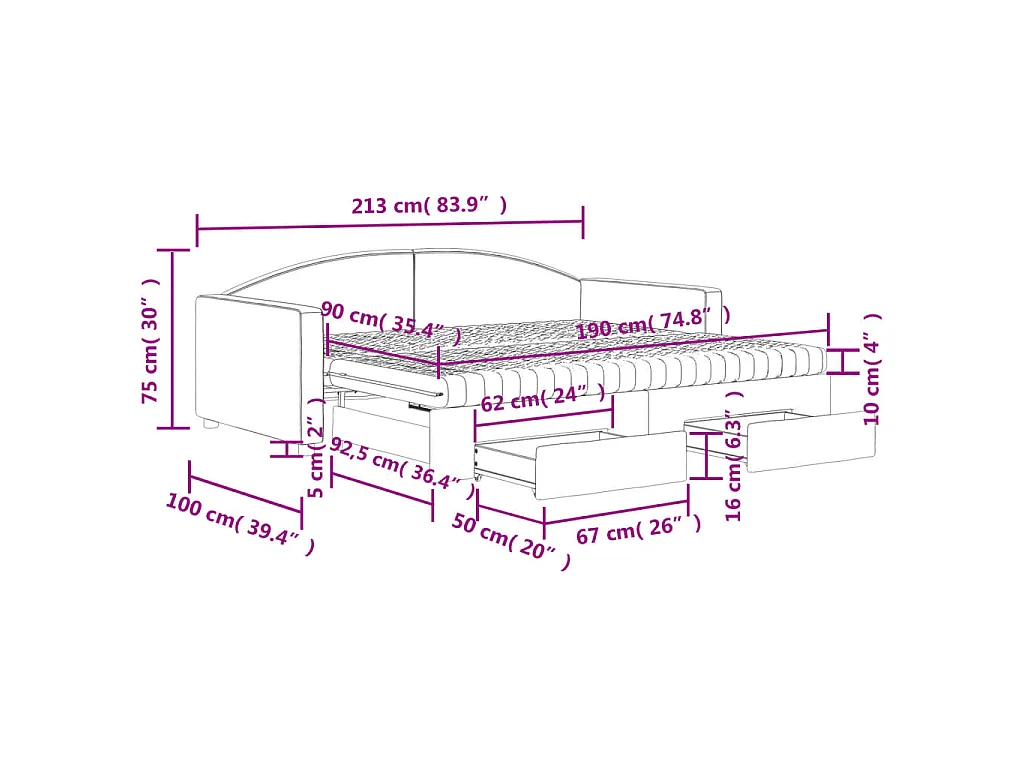 Slaapbank met onderschuifbed en lades 90x190 cm stof lichtgrijs