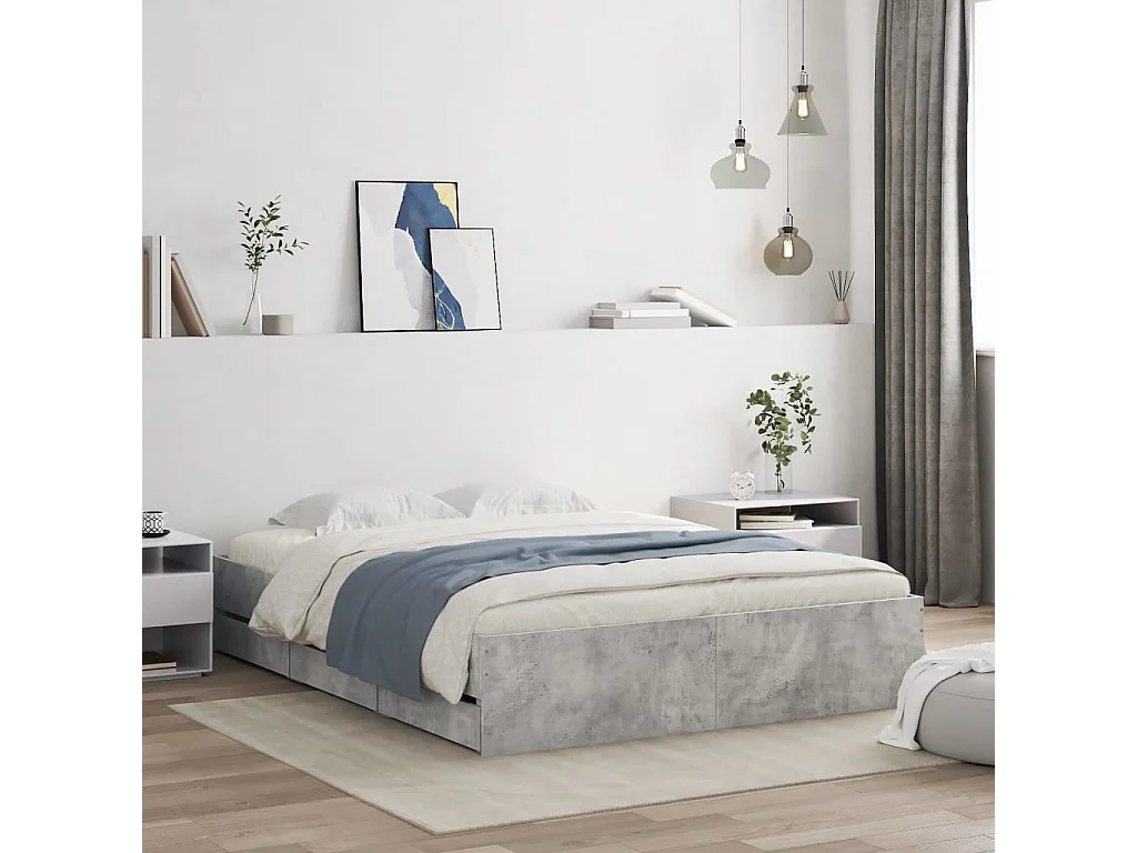 Cadre de lit avec tiroirs sans matelas gris béton 140x190 cm