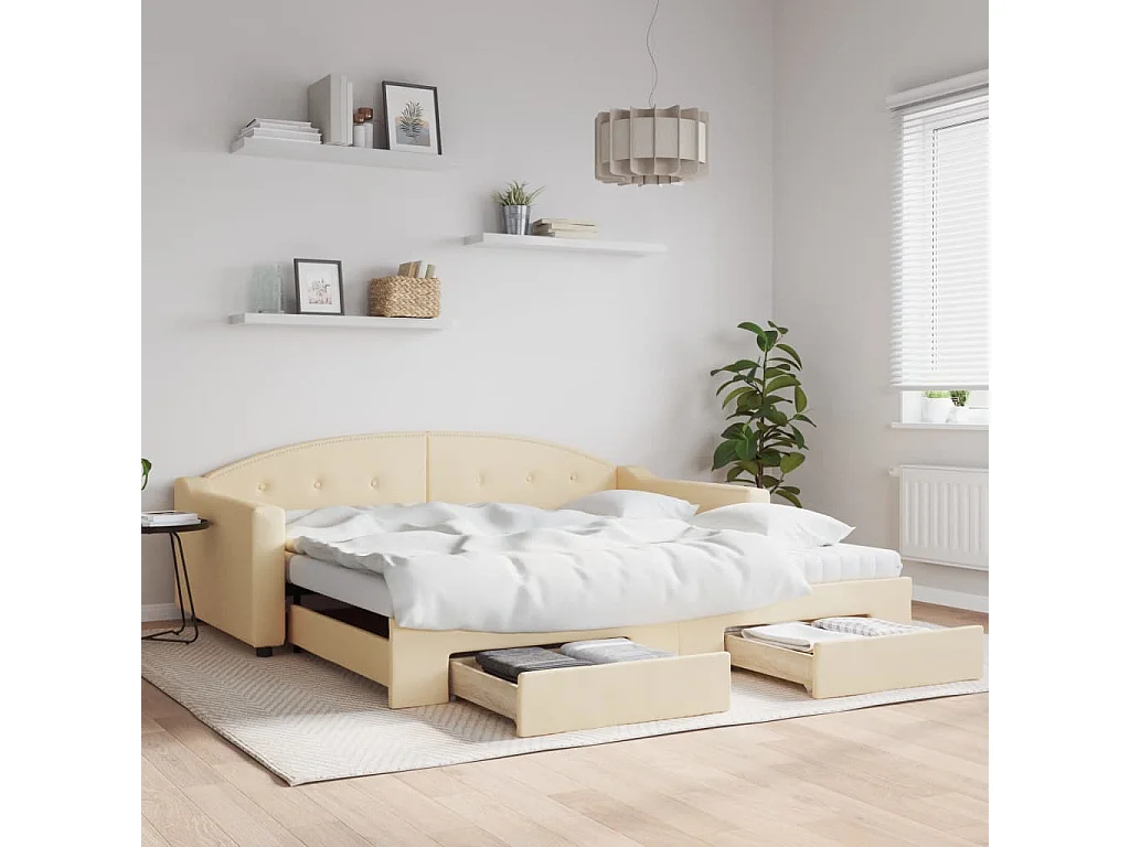 Tagesbett Ausziehbar mit Schubladen Creme 100x200 cm Stoff