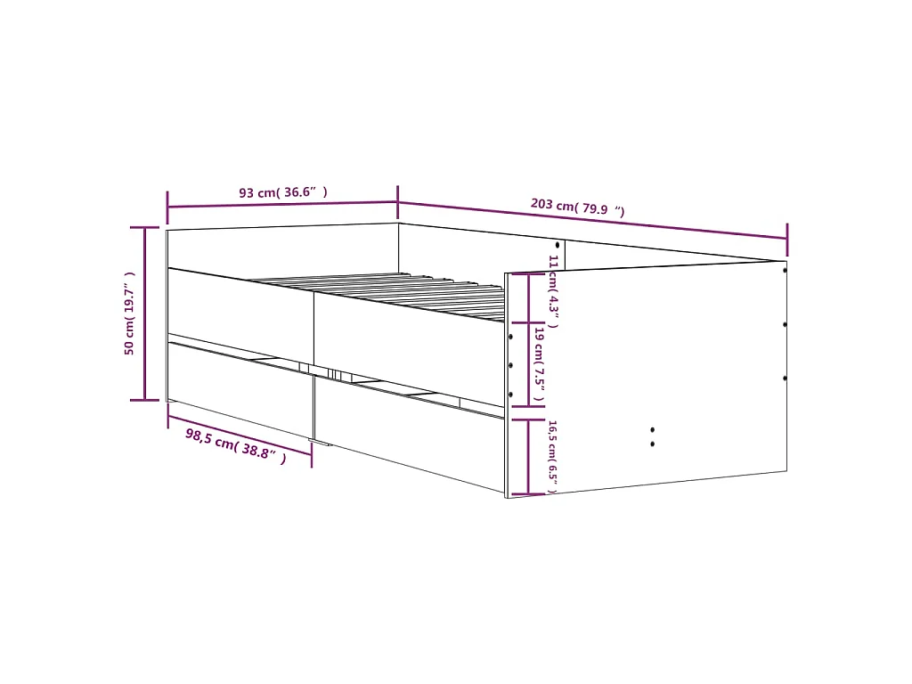 Cadre de lit avec tiroirs sans matelas gris béton 90x200 cm