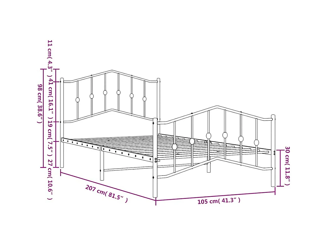 Cadre de lit métal sans matelas et pied de lit blanc 100x200 cm