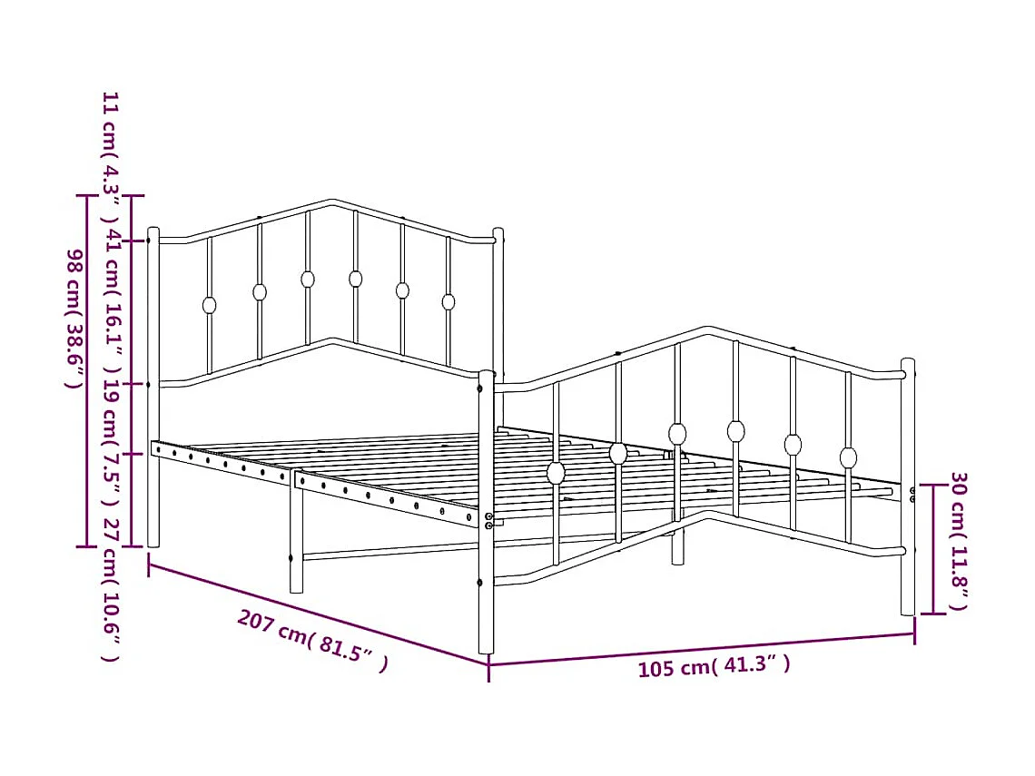 Cadre de lit métal sans matelas et pied de lit blanc 100x200 cm