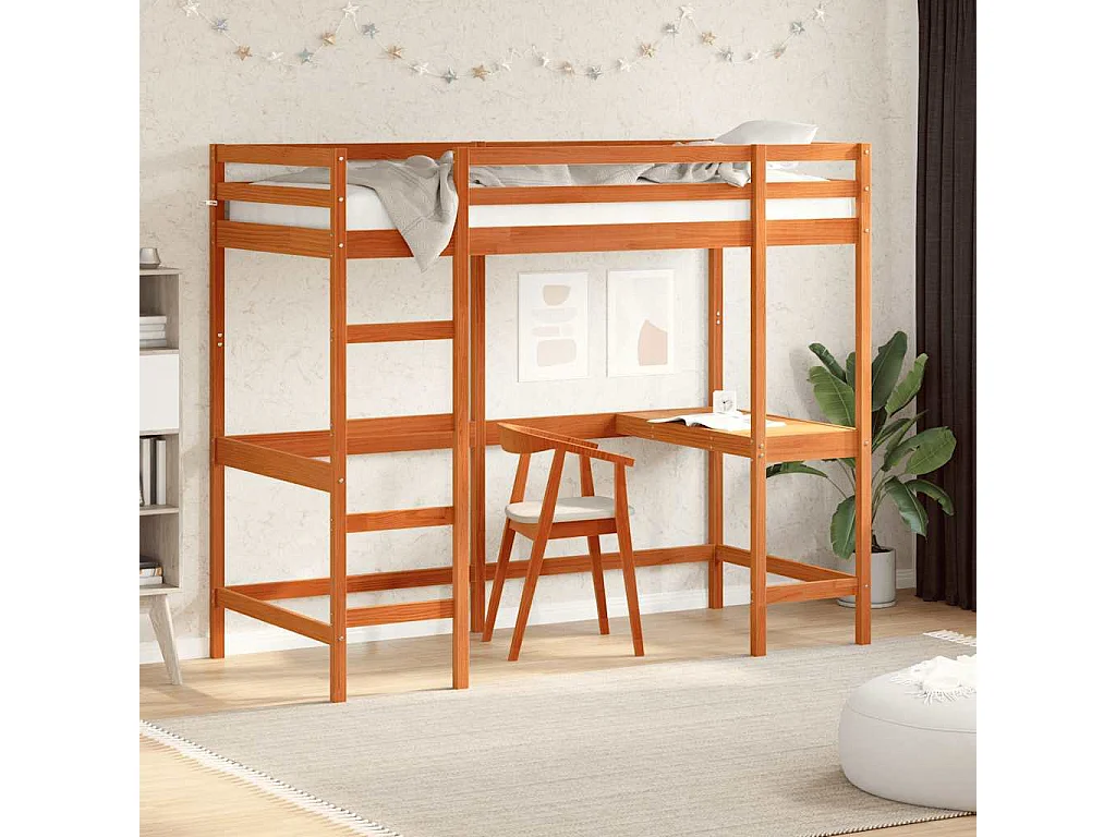 Hochbett mit Schreibtisch Wachsbraun 90x190cm Massivholz Kiefer
