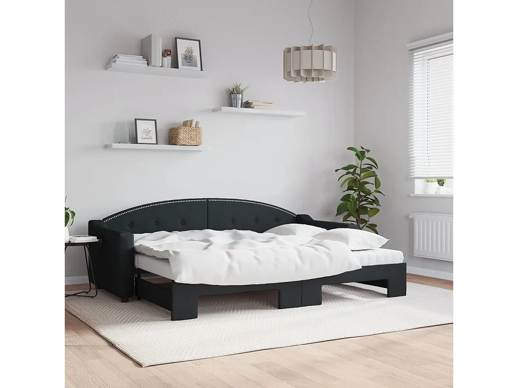 Lit de jour avec lit gigogne et matelas noir 80x200 cm tissu