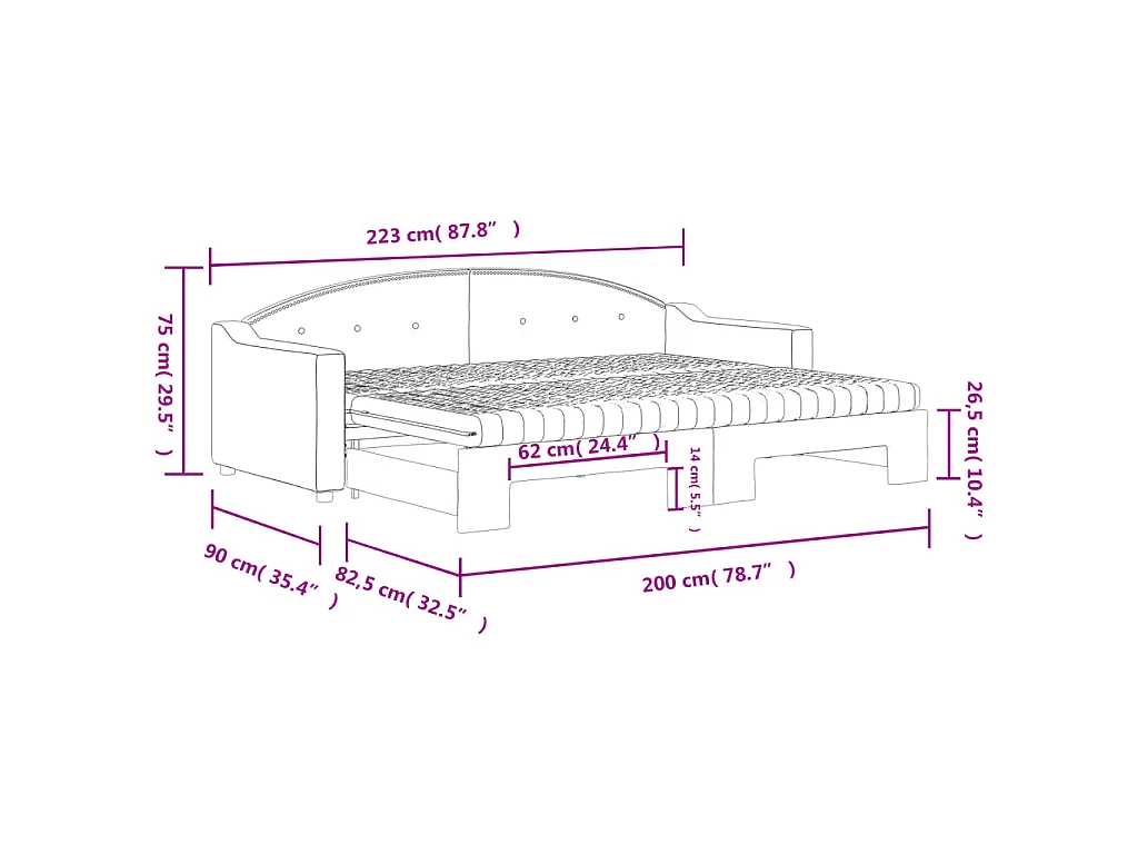Lit de jour avec lit gigogne et matelas noir 80x200 cm tissu