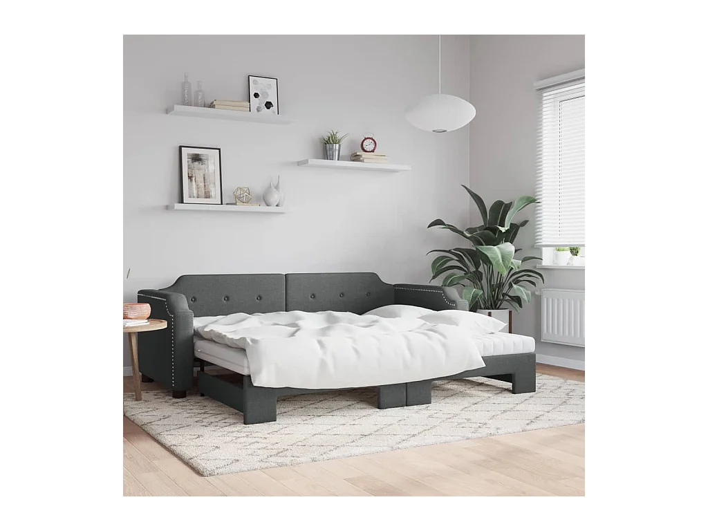 Lit de jour avec gigogne et matelas gris foncé 90x190 cm tissu