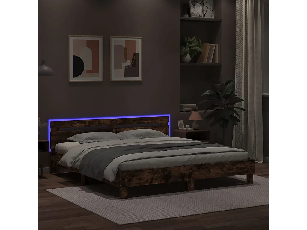 Bedframe met hoofdeinde en LED gerookt eikenkleurig 180x200 cm
