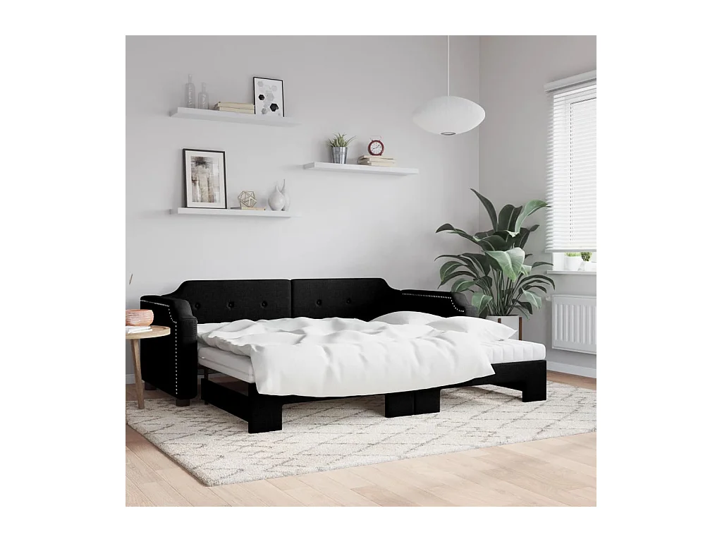 Lit de jour avec gigogne et matelas noir 90x200 cm tissu