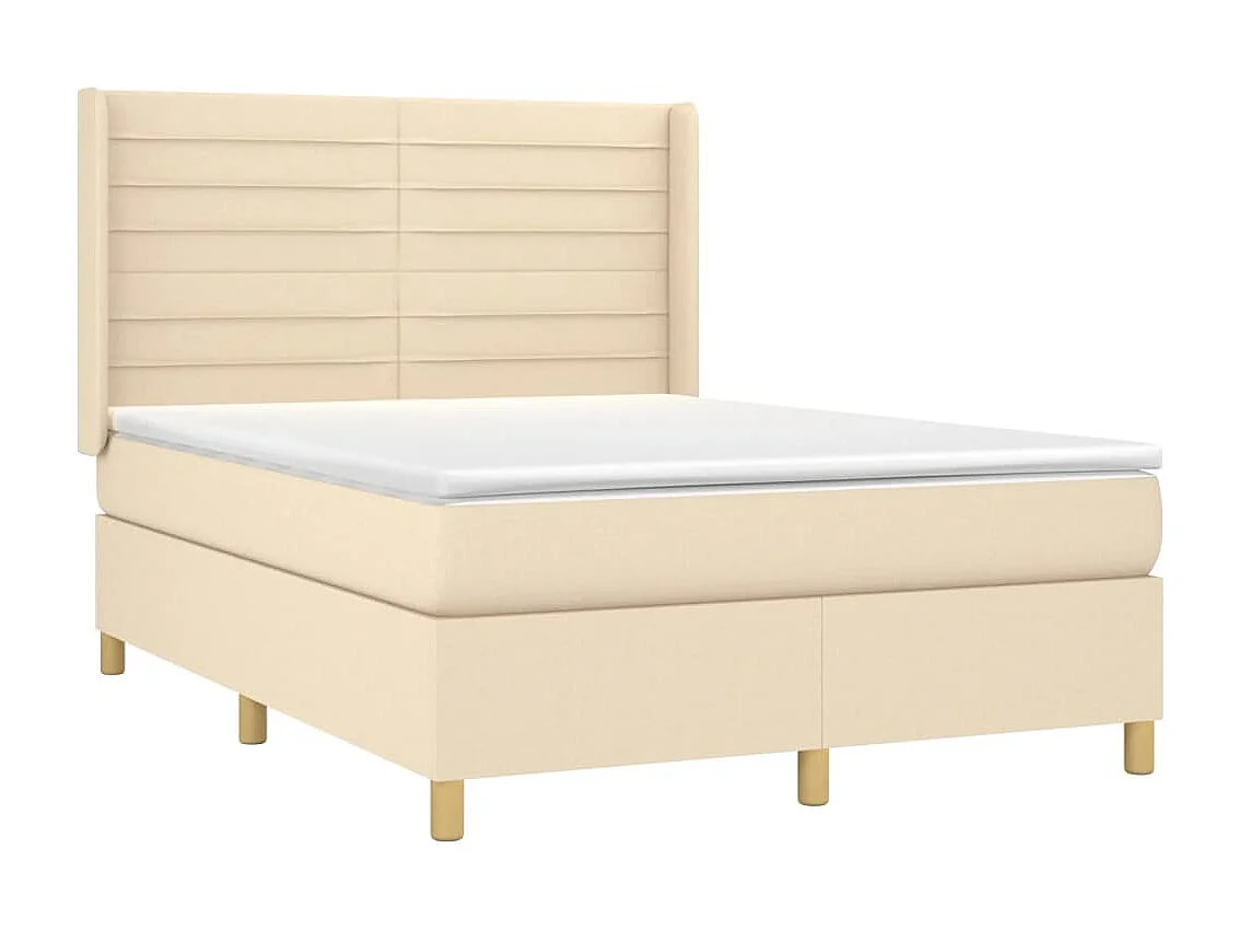 Cama box spring colchón y luces LED tela crema 140x190 cm