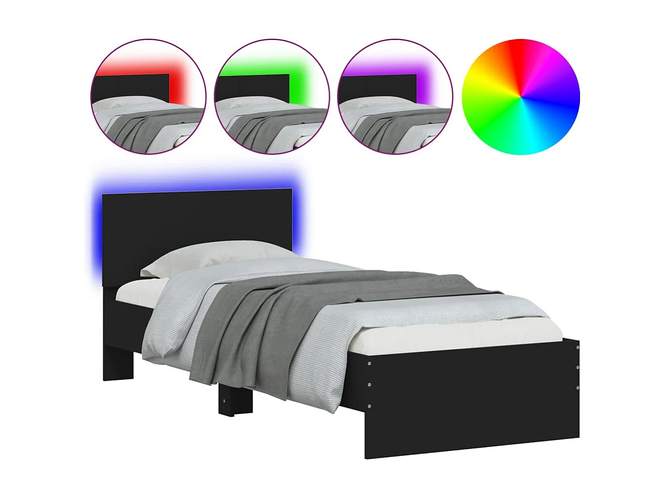 Bettgestell mit Kopfteil und LED-Leuchten Schwarz 90x200 cm