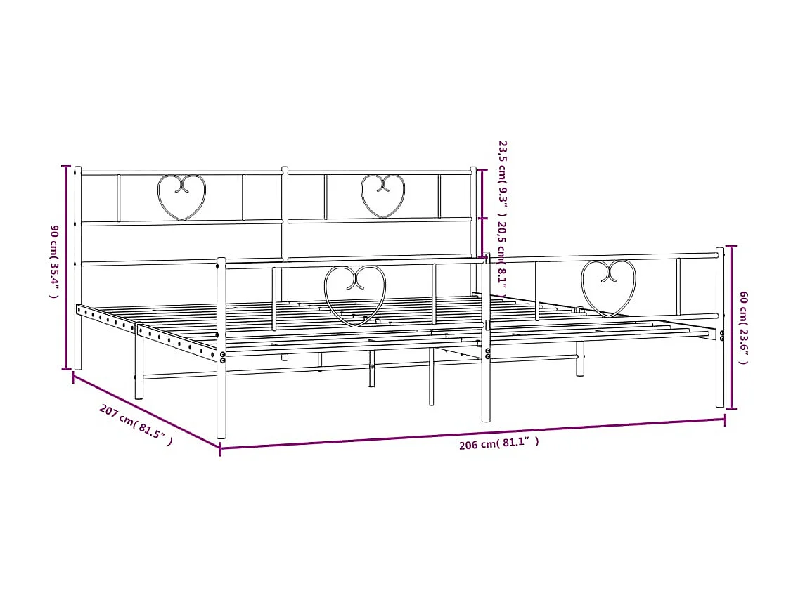 Bedframe met hoofd- en voeteneinde metaal zwart 200x200 cm