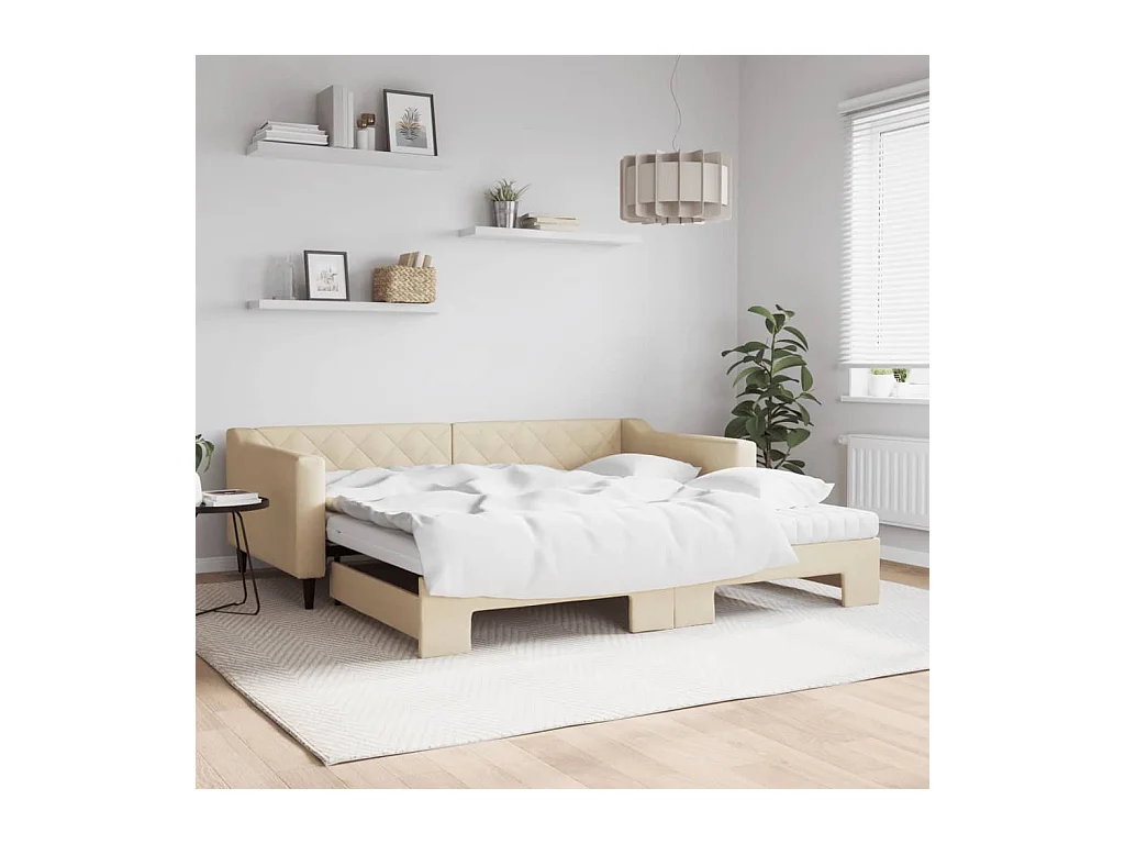 Lit de jour avec gigogne et matelas crème 100x200 cm tissu