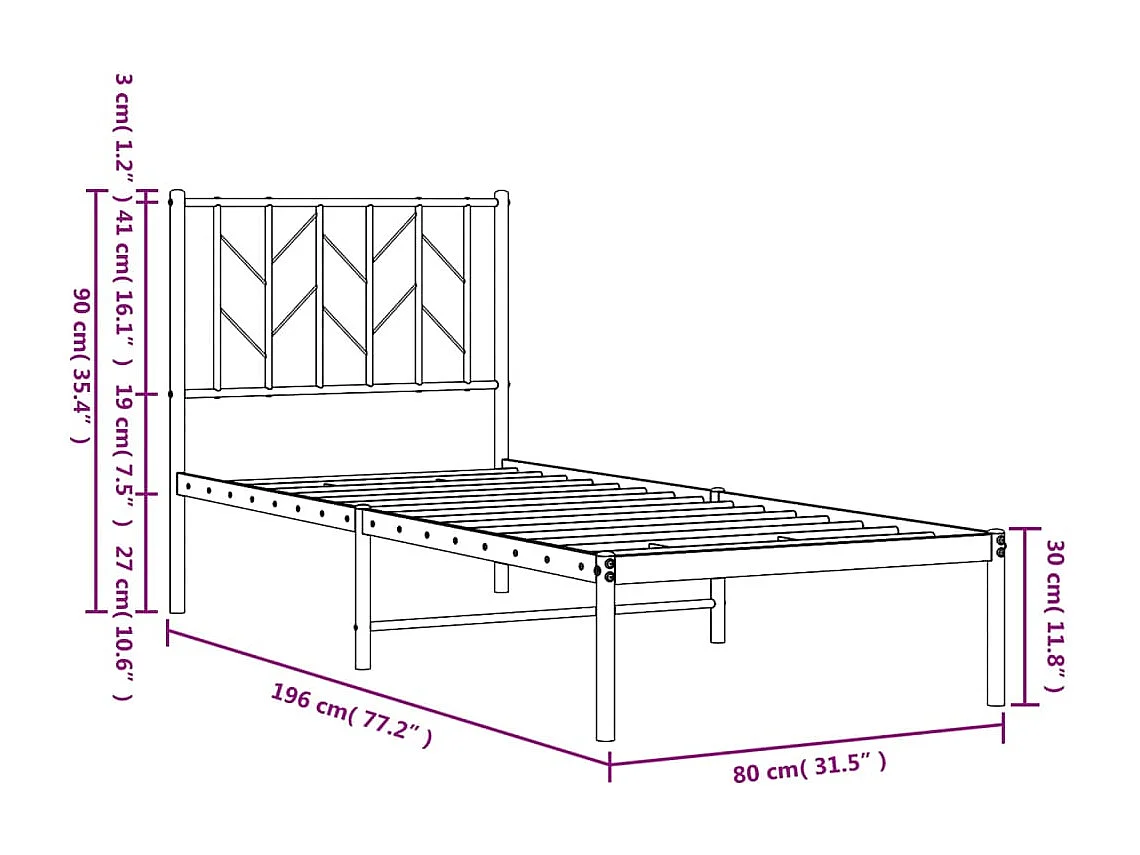 Cadre de lit métal sans matelas avec tête de lit blanc 75x190cm