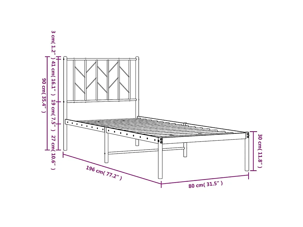 Cadre de lit métal sans matelas avec tête de lit blanc 75x190cm