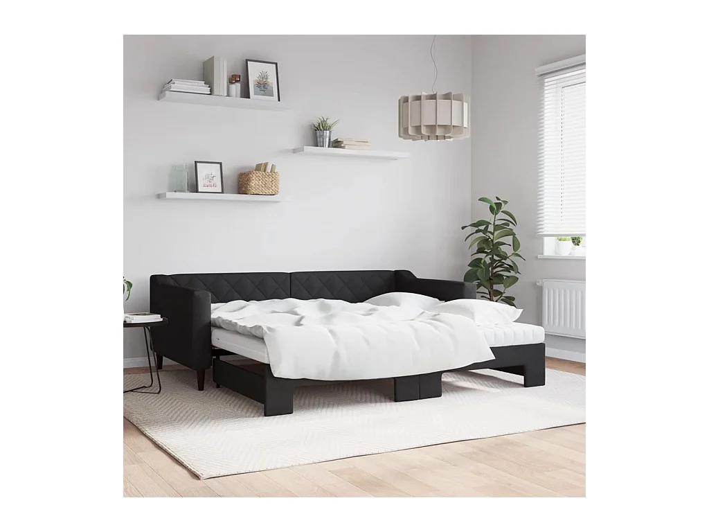 Lit de jour avec gigogne et matelas noir 90x190 cm tissu