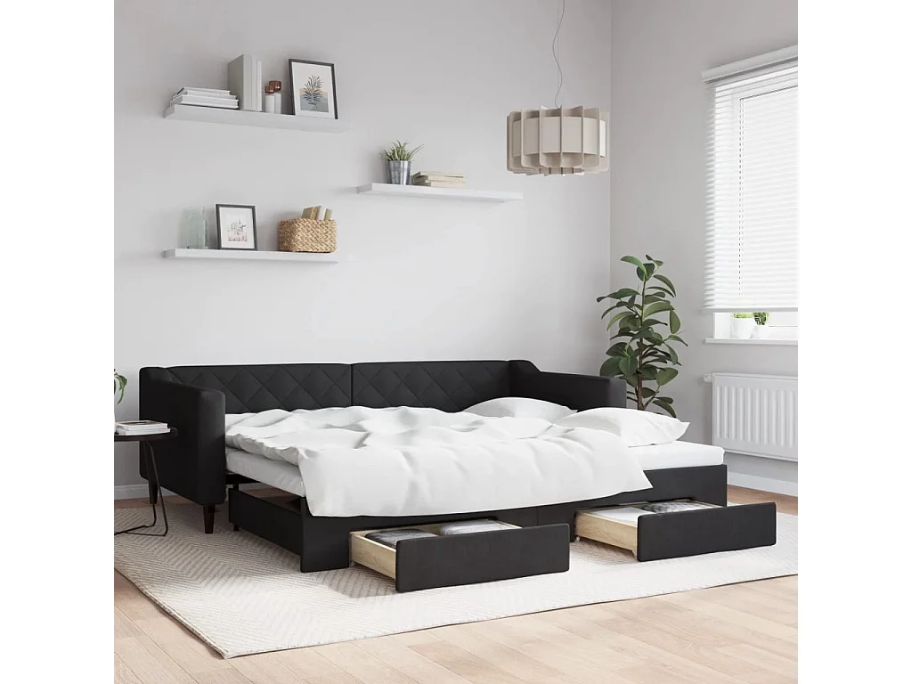 Sofá-cama com gavetão e gavetas 90x200 cm tecido preto
