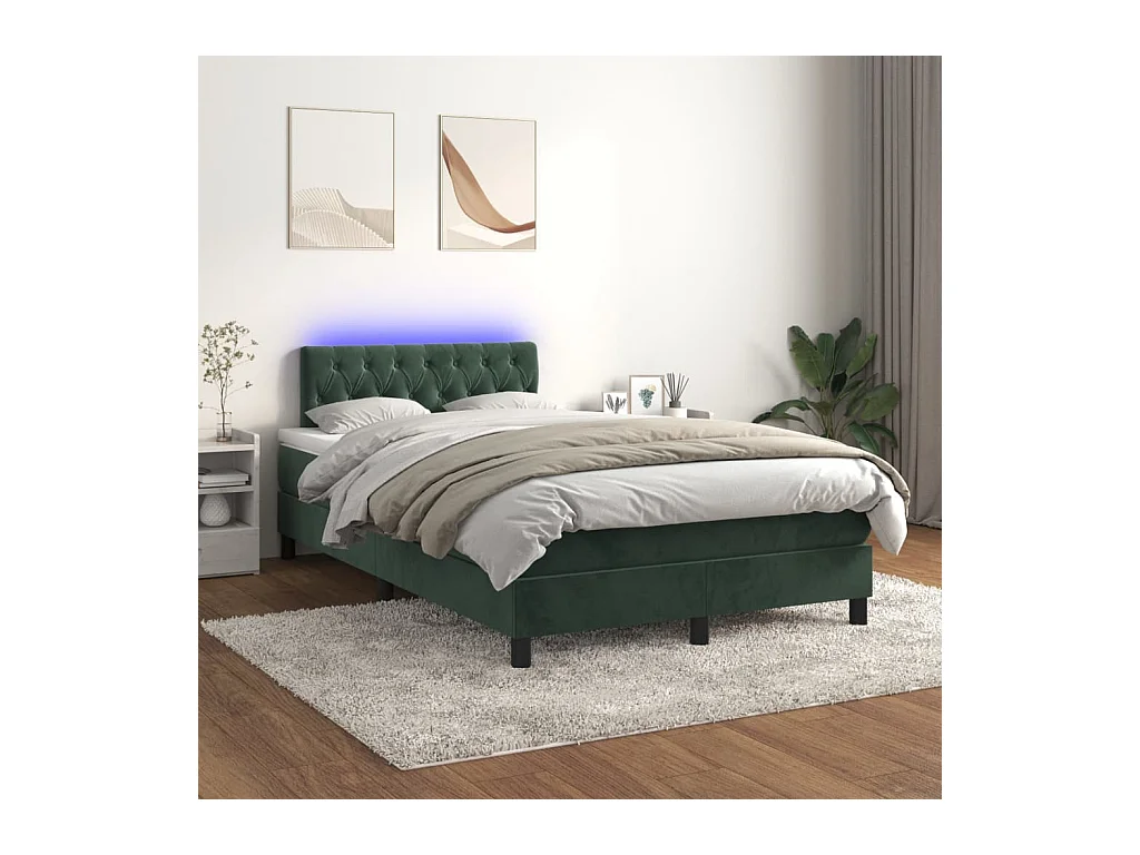 Letto a Molle con Materasso e LED Verde Scuro 120x200cm Velluto