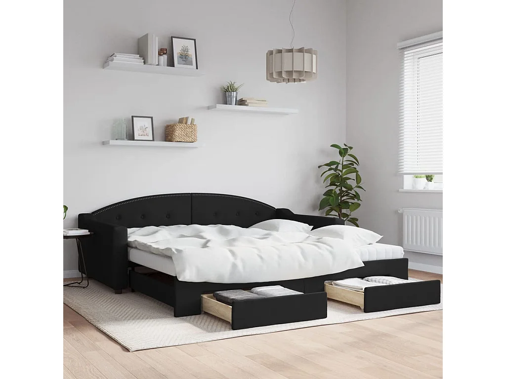 Divano Letto Estraibile con Cassetti Nero 100x200 cm in Tessuto