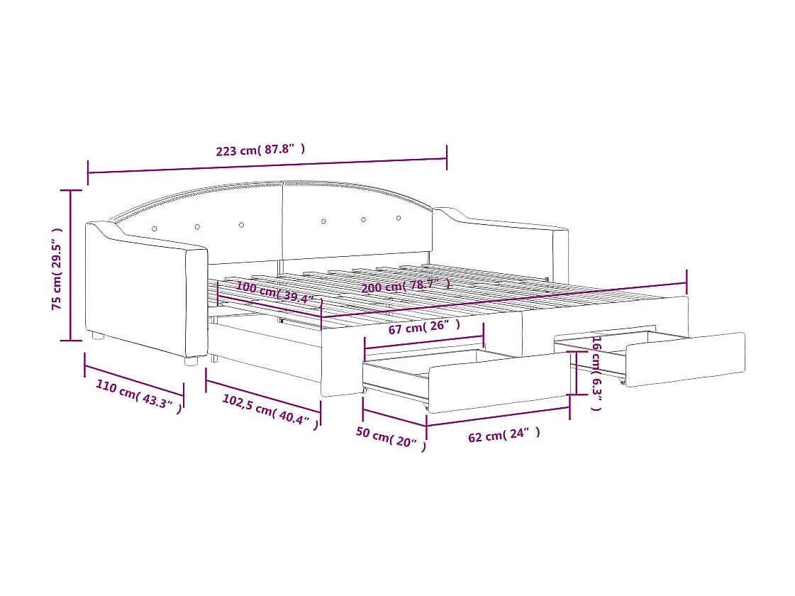 Tagesbett Ausziehbar mit Schubladen Schwarz 100x200 cm Stoff