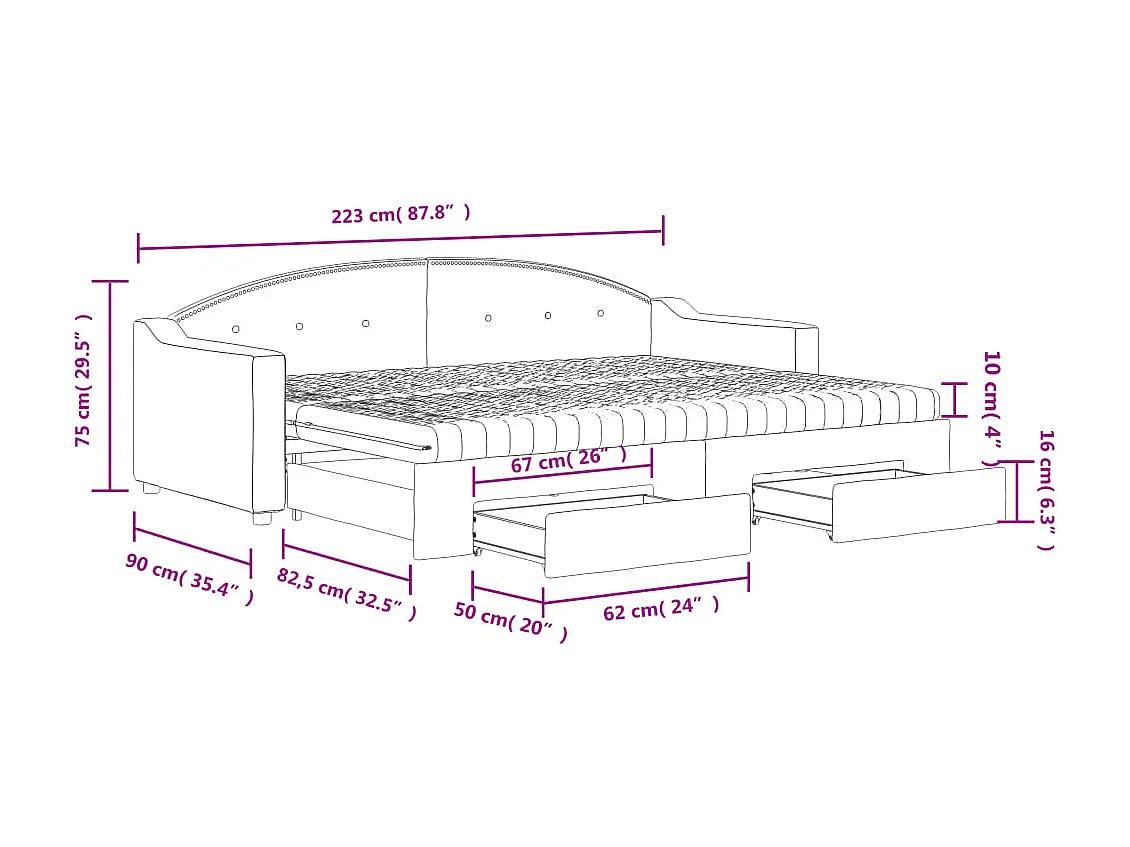 Lit de jour avec gigogne et tiroirs crème 80x200 cm tissu