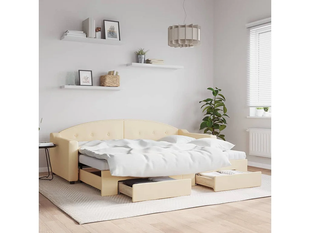 Tagesbett Ausziehbar mit Schubladen Creme 80x200 cm Stoff