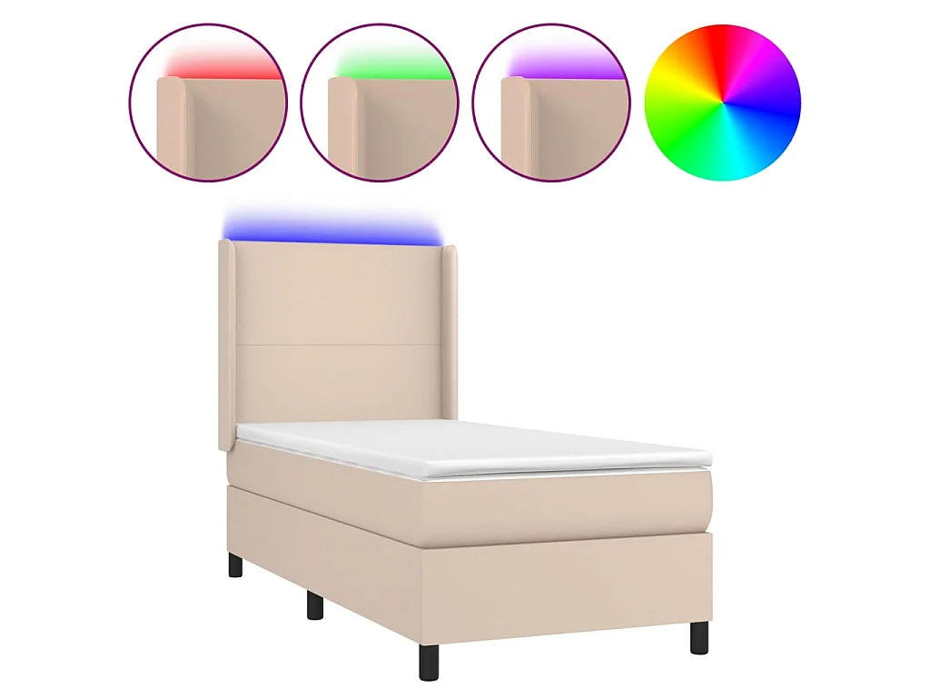 Cama box spring c/ colchão/LED 80x200cm couro artif. cappuccino
