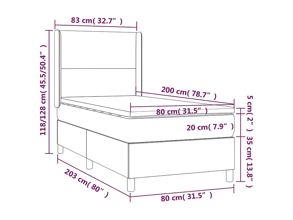Cama box spring c/ colchão/LED 80x200cm couro artif. cappuccino