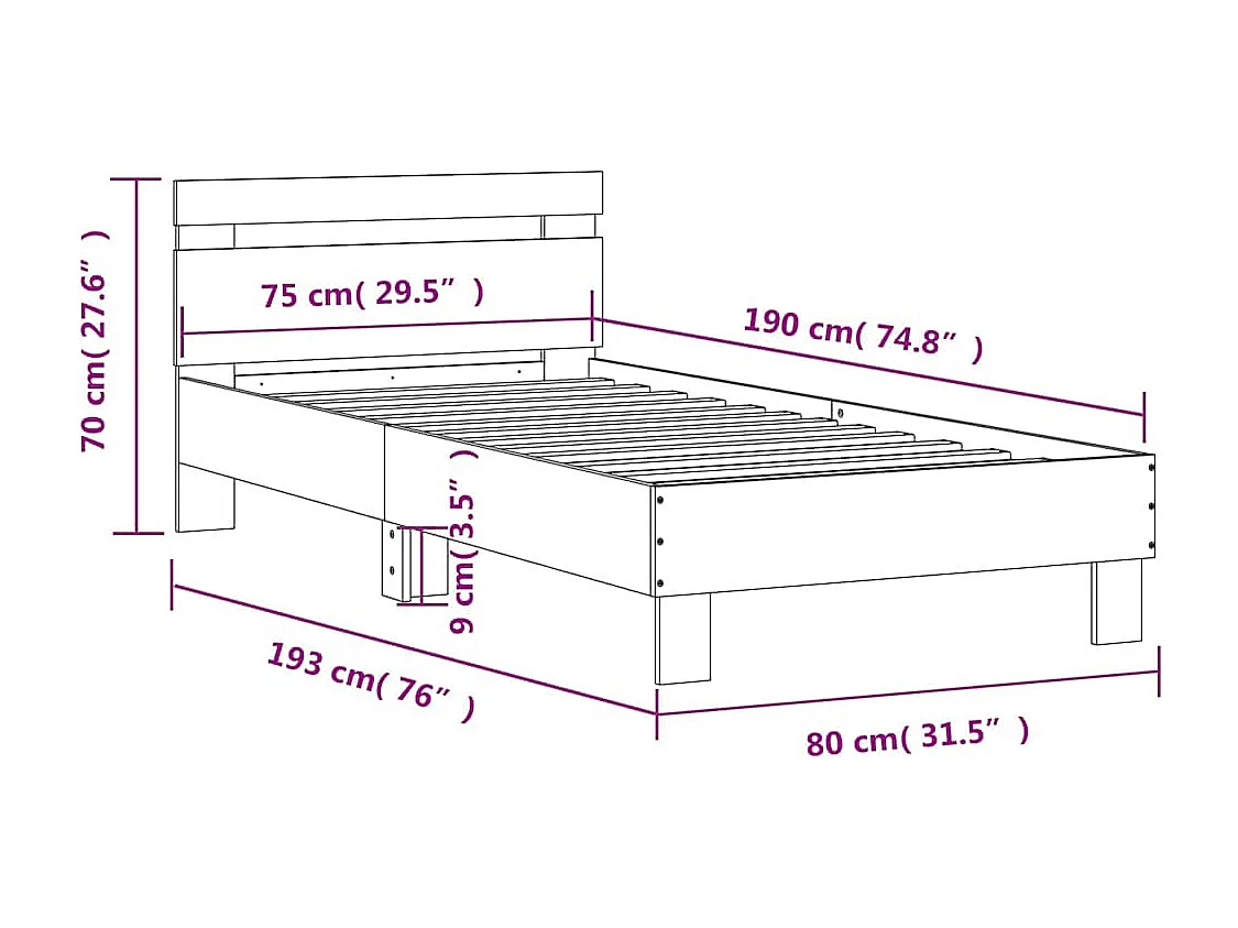 Cadre de lit sans matelas avec tête de lit 75x190 cm