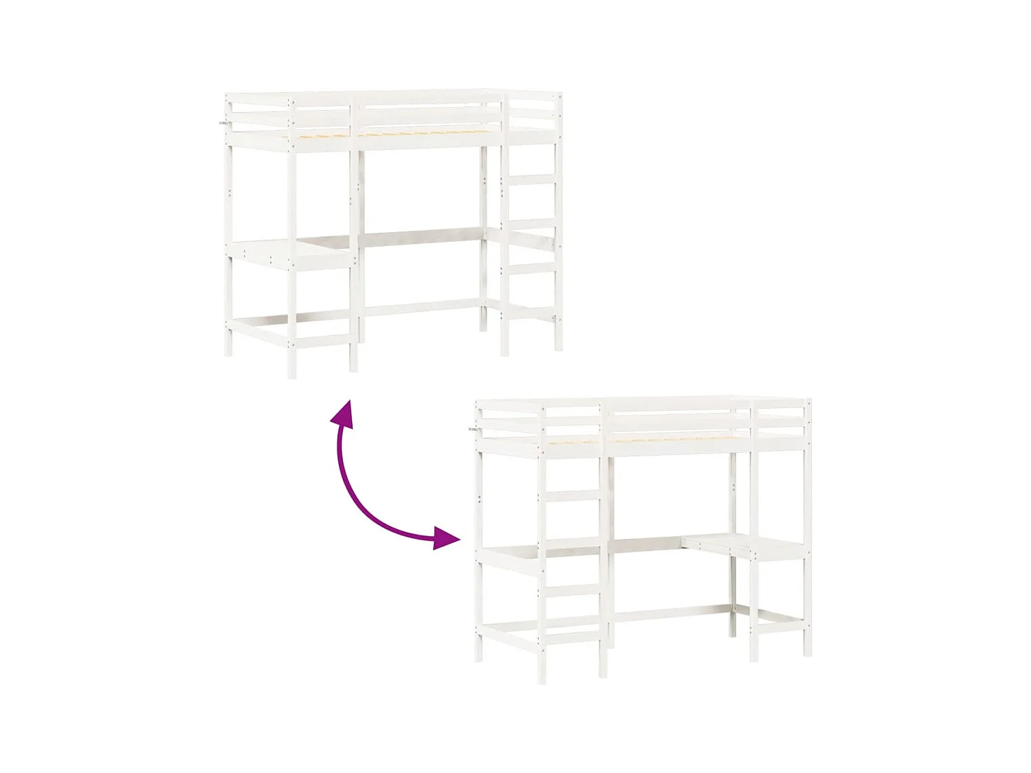 Cama alta con escritorio madera maciza pino blanca 90x190 cm