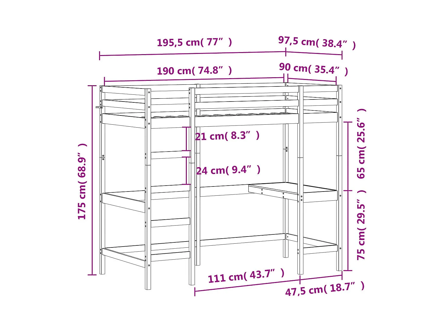Lit superposé sans matelas blanc 90x190 cm bois de pin massif