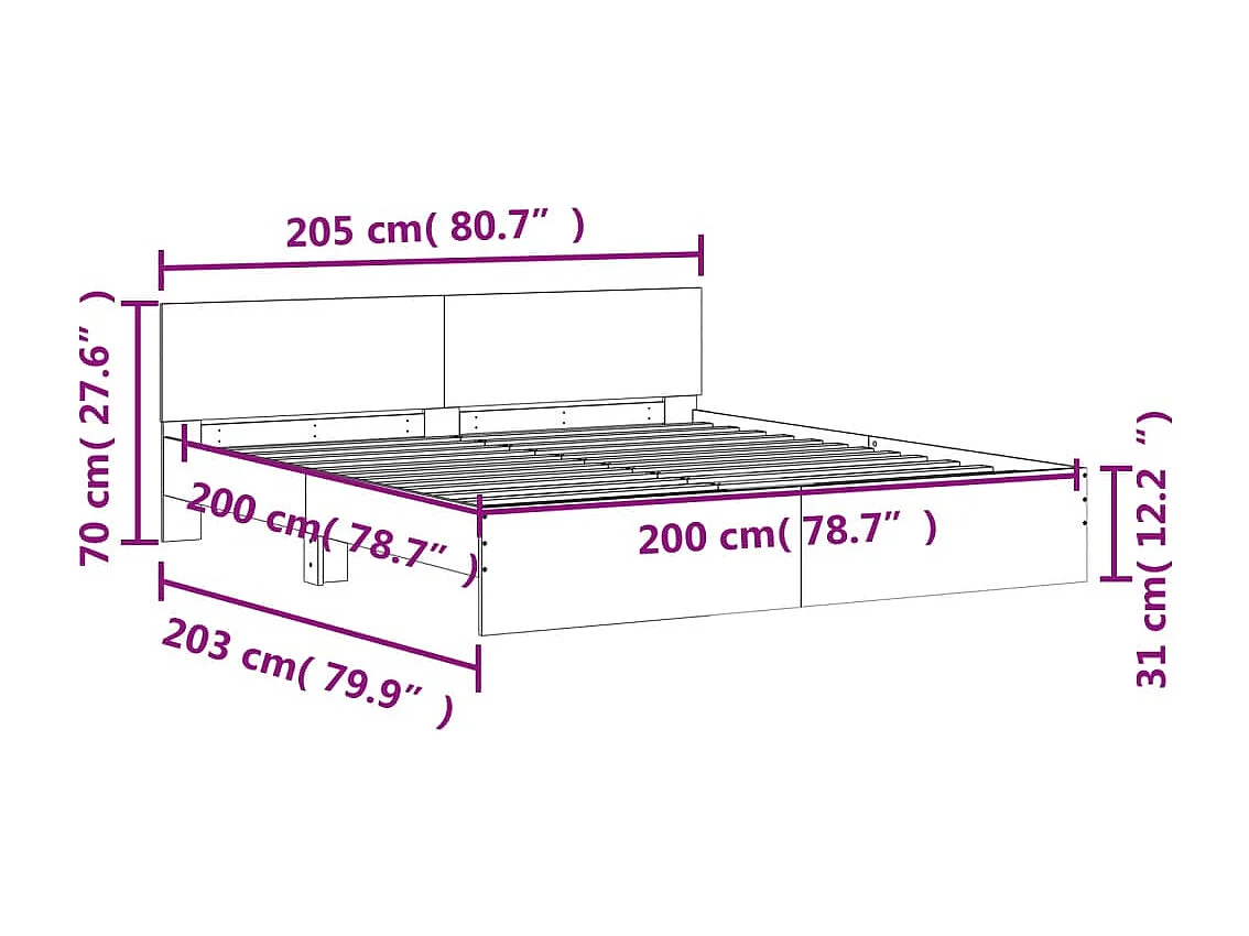 Bettgestell mit Kopfteil und LED-Beleuchtung Braun Eiche-Optik