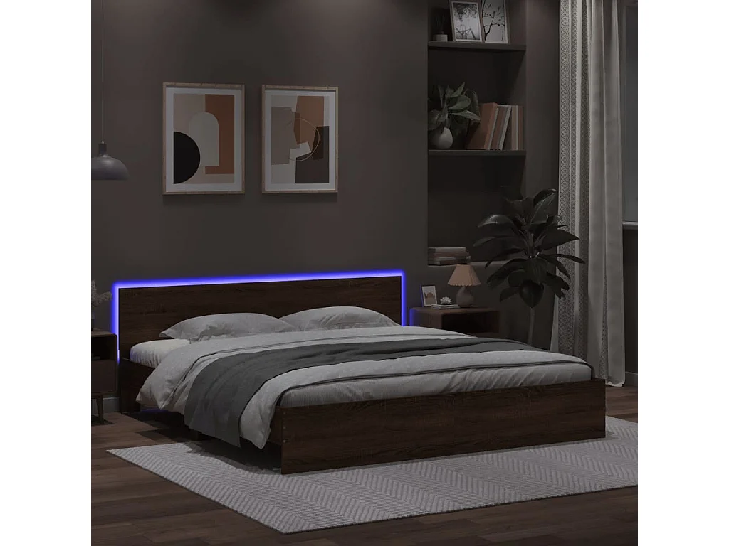 Estrutura cama cabeceira/luzes LED 200x200cm carvalho castanho
