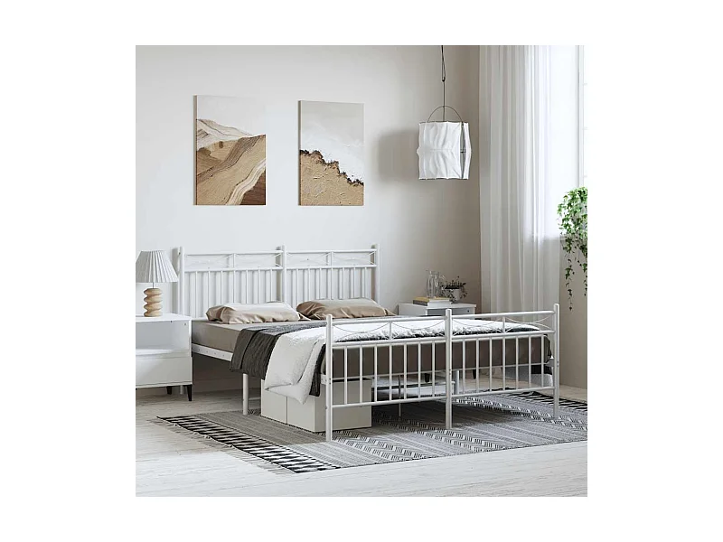Cadre de lit métal sans matelas et pied de lit blanc 135x190 cm