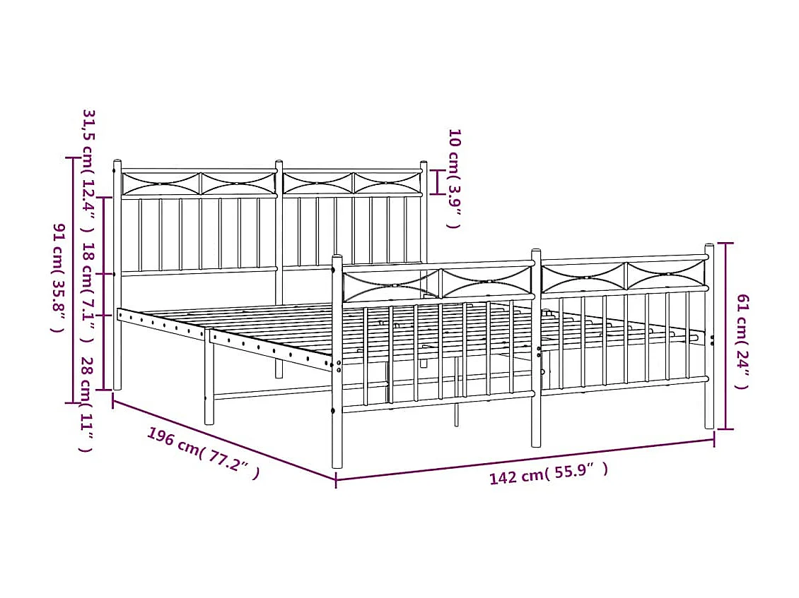 Cadre de lit métal sans matelas et pied de lit blanc 135x190 cm