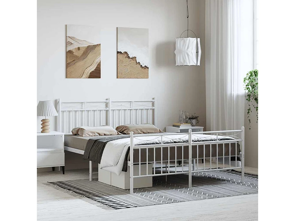 Cadre de lit métal sans matelas et pied de lit blanc 135x190 cm