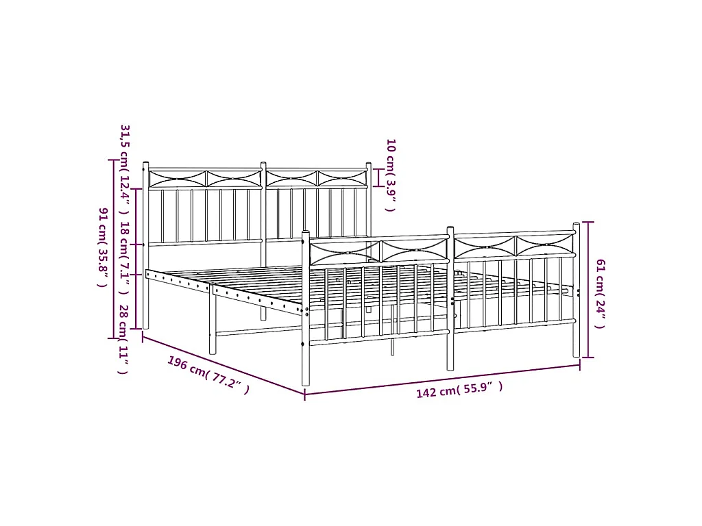 Cadre de lit métal sans matelas et pied de lit blanc 135x190 cm