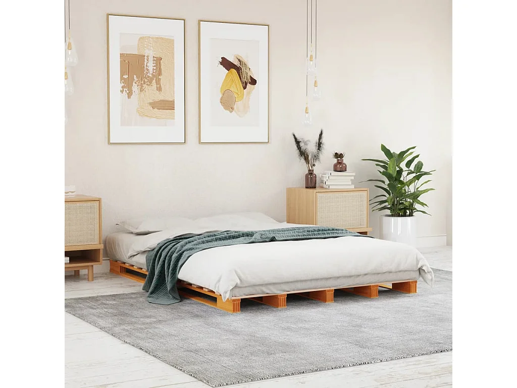 Cama de palets madera maciza de pino marrón cera 140x200 cm