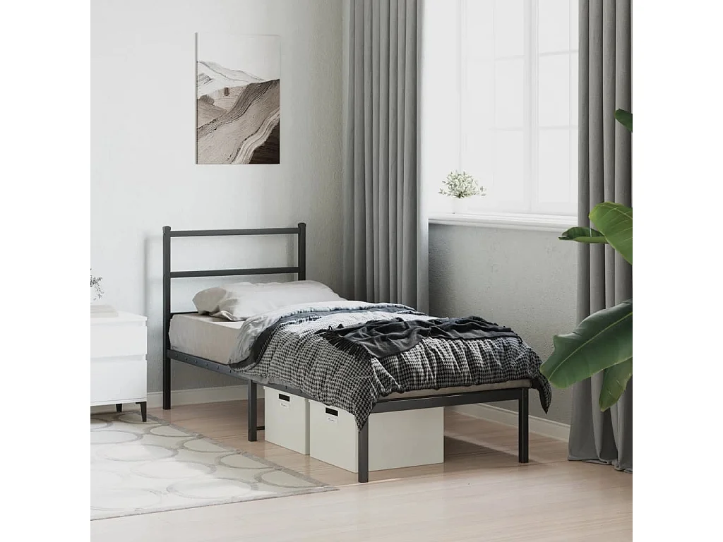 Bedframe met hoofdbord metaal zwart 75x190 cm