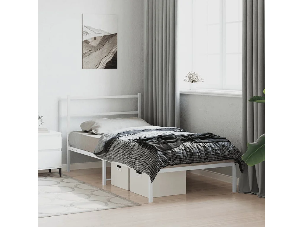 Cadre de lit métal sans matelas et tête de lit blanc 100x190 cm