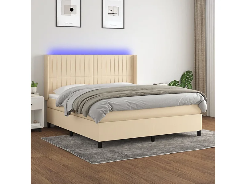 Letto a Molle con Materasso e LED Crema 160x200 cm in Tessuto
