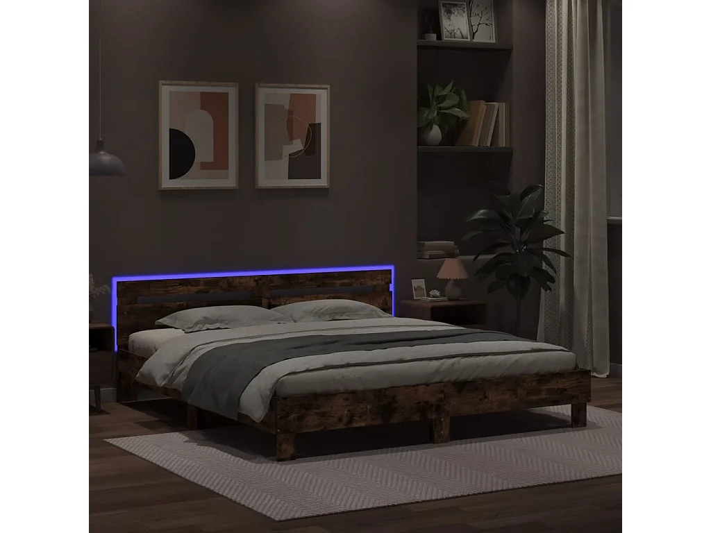 Bedframe met hoofdeinde en LED gerookt eikenkleurig 160x200 cm
