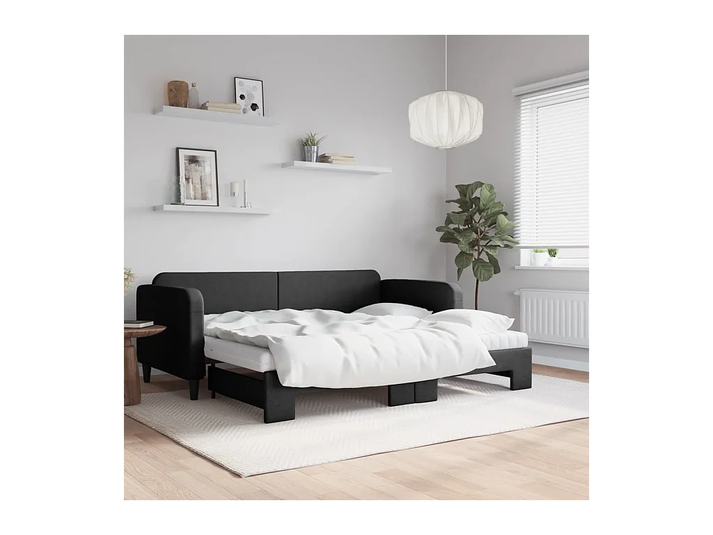 Lit de jour avec gigogne et matelas noir 90x190 cm tissu