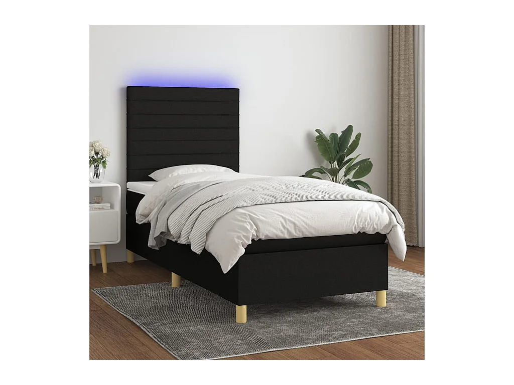Sommier à lattes de lit et matelas et LED Noir 90x200 cm Tissu