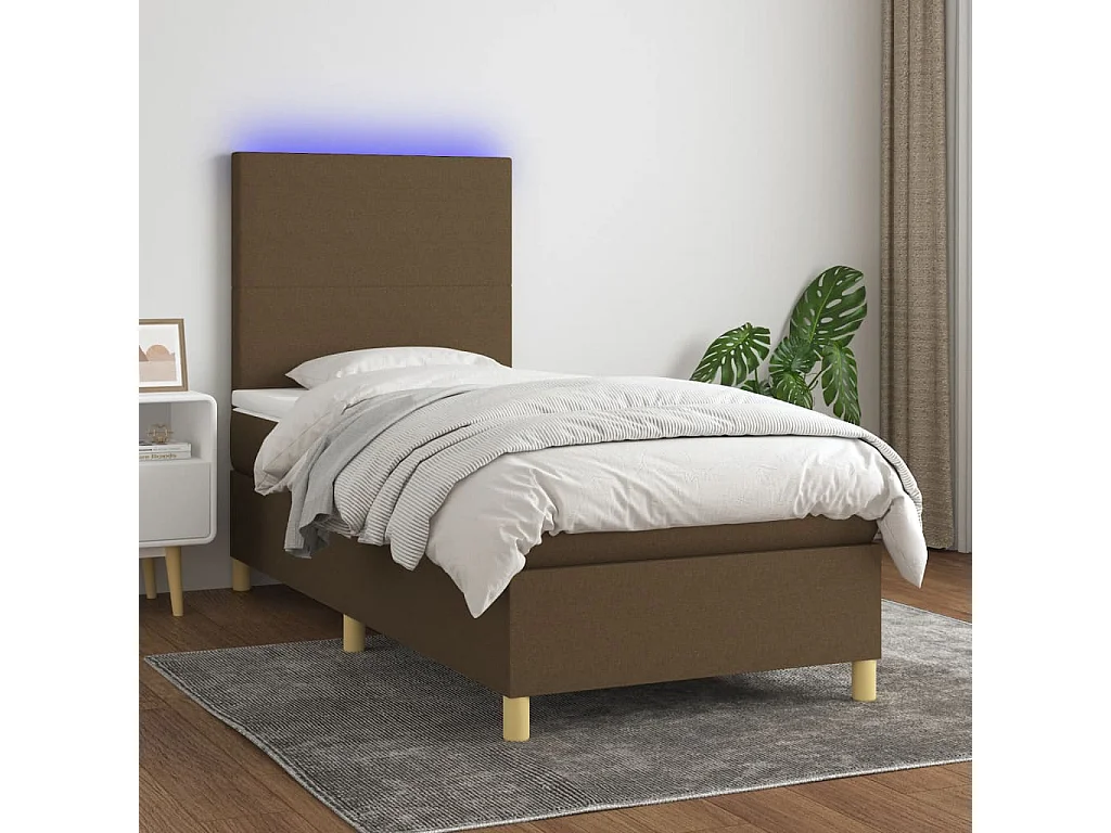 Letto a Molle Materasso e LED Marrone Scuro 90x190cm in Tessuto