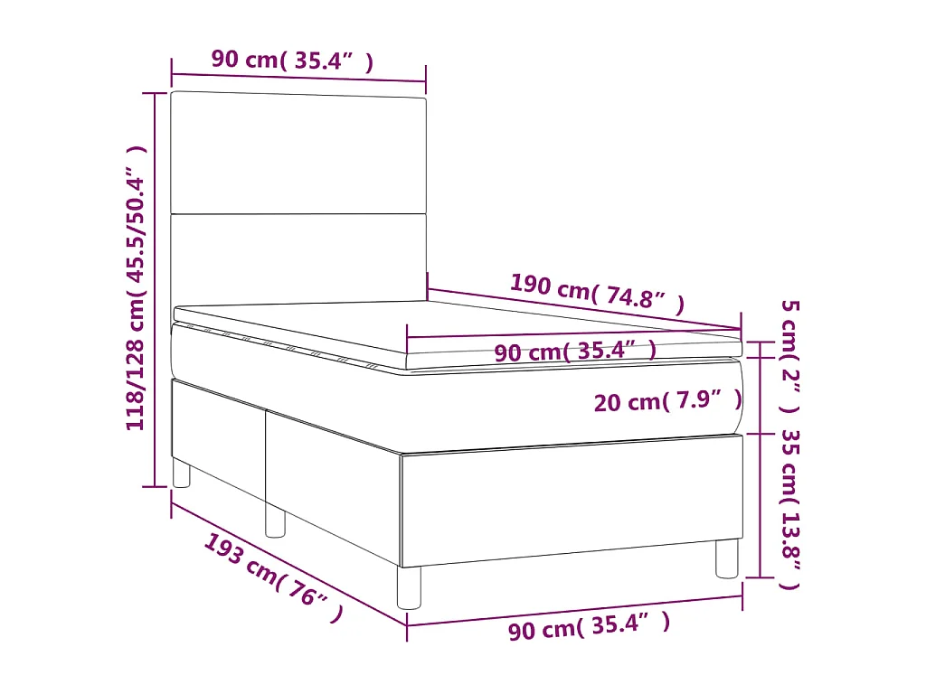 Cama box spring c/ colchão/LED 90x190 cm tecido castanho-escuro