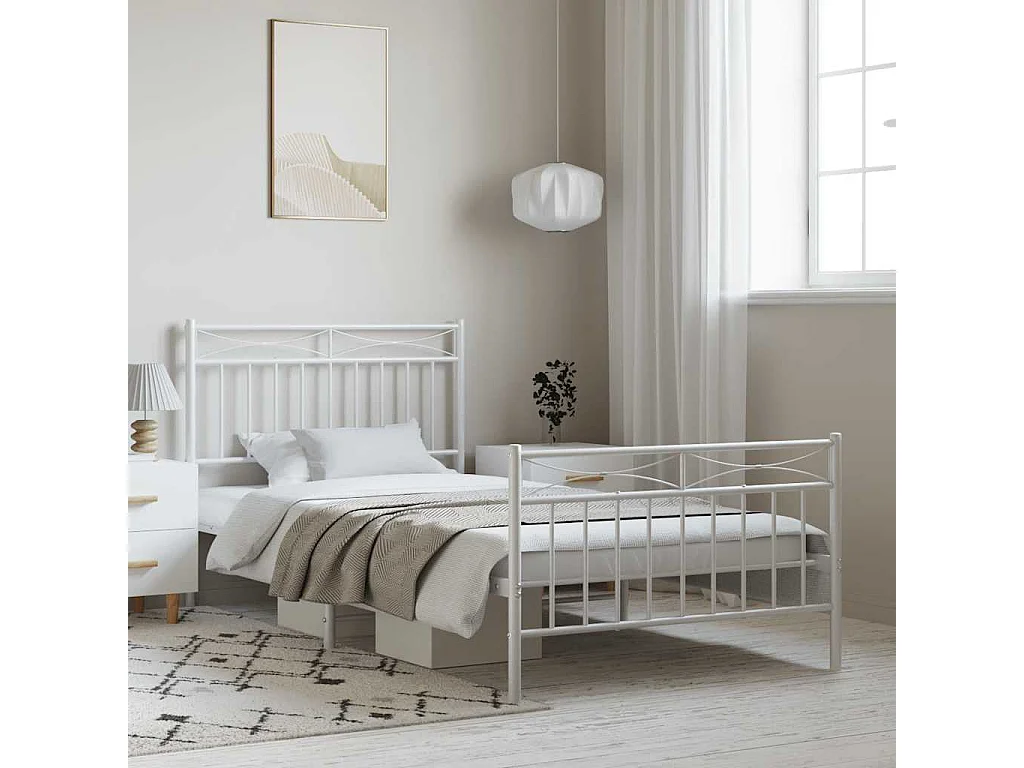 Cadre de lit métal sans matelas et pied de lit blanc 100x200 cm
