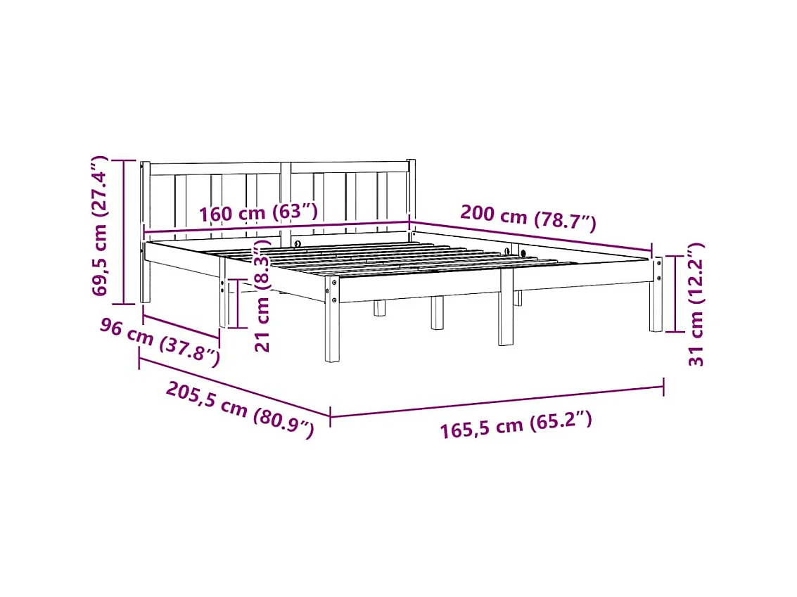 Cadre de lit sans matelas cire marron 160x200cm bois pin massif