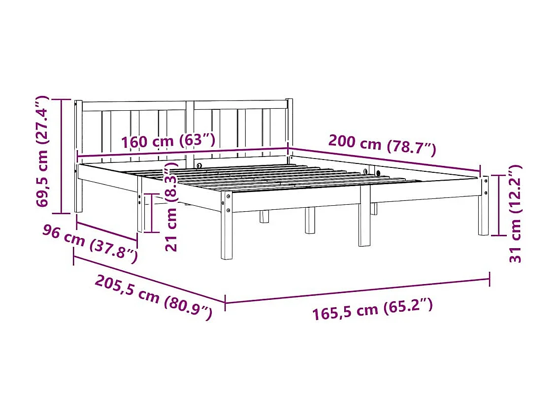 Cadre de lit sans matelas cire marron 160x200cm bois pin massif